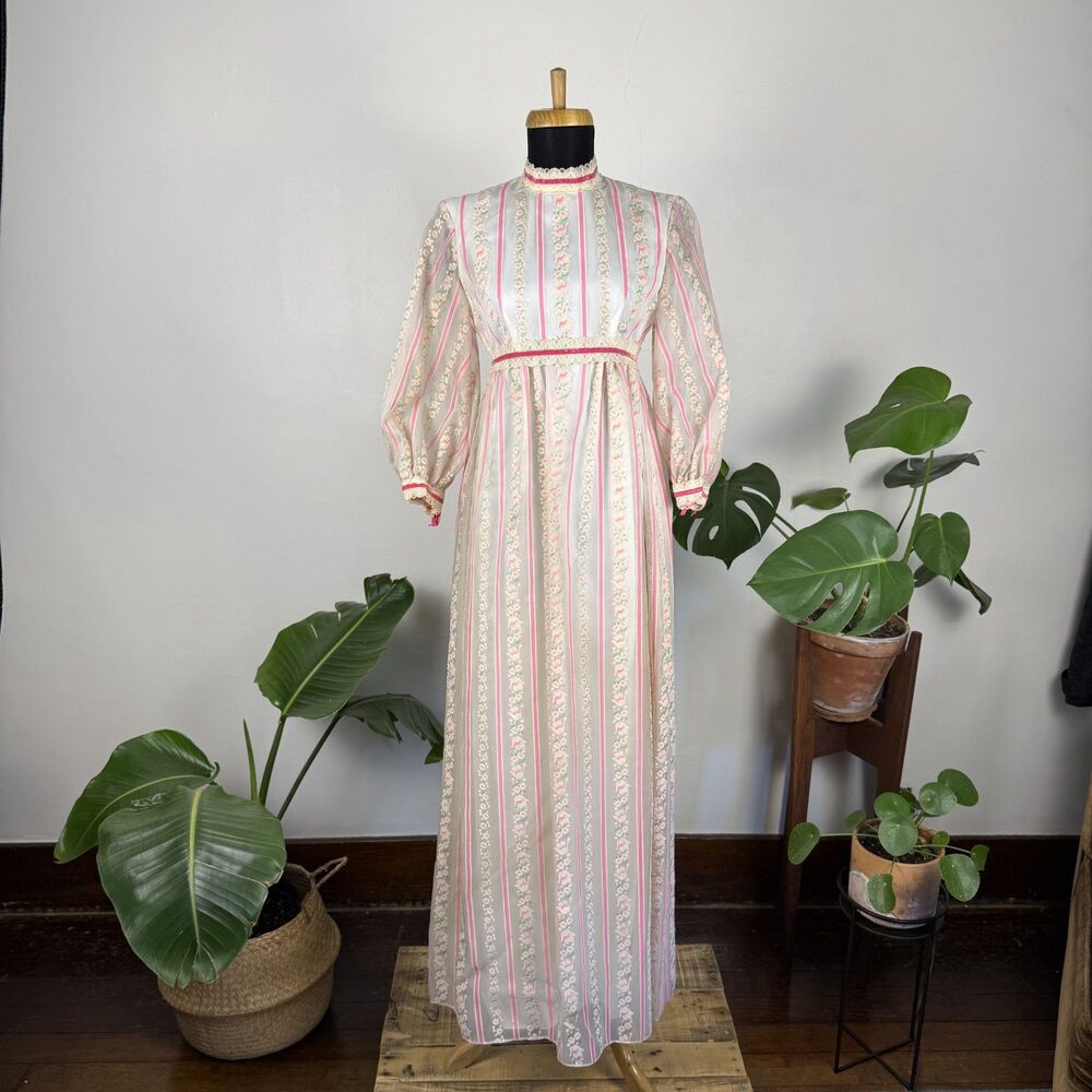 Vintage 1970s Lorrie Deb Floral Lace Victorian Prairie Dress